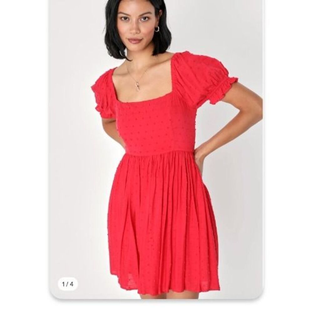 NWT Lulus Positano Poise Red Puff Sleeve Swiss Dot Mini Dress